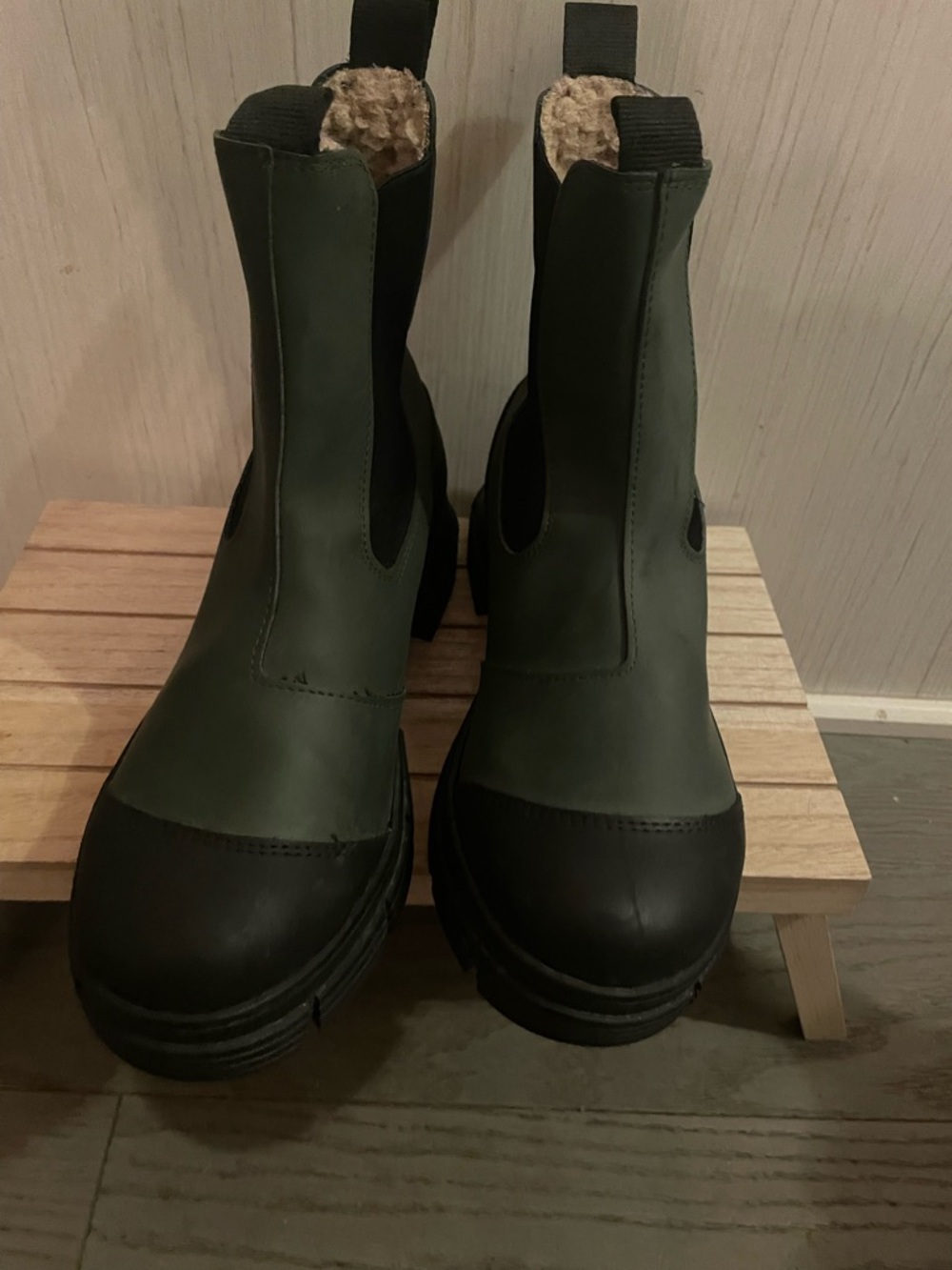 Ganni Olive and Black Lace-Up Lug Boots